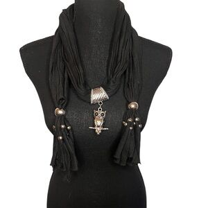 Chic BlackScarf Necklace with Silver-Tone Owl Pendant - Lightweight Tassel Beads
